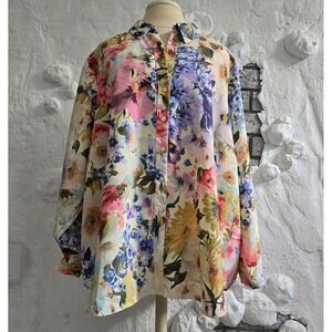 Premise Woman Floral Button Down Shirt 3X Plus Size Multi Color Long Sleeve Boho